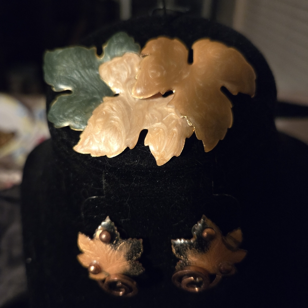 Matisse Signed Vintage Copper Enamel Leaf Earrings Clip-On & Brooch